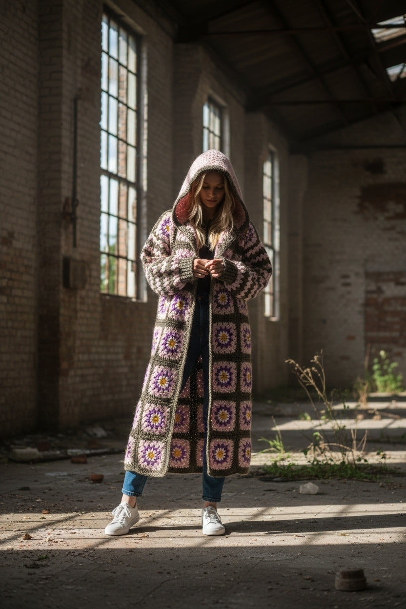 Χειροποίητο πλεκτό μάξι παλτό γιαγιά με κουκούλα | Μάλλινο | Ειδικά χρώματα | S–5XL