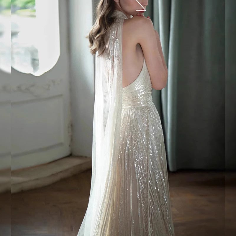 Σαμπανιζέ Χρώμα Παρουσιαστής Starry Sky Toast Ρούχα Halter Μοντέλο Πασαρέλα Επίδειξη