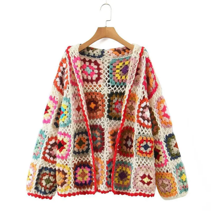 Crochet cardigan with multicoloured motifs