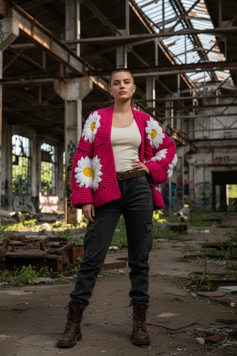 Χοντρό πλεκτό ζακετάκι με μαργαρίτες — Χειροποίητο τετράγωνο μπουφάν γιαγιά | Μέγεθος S–5XL