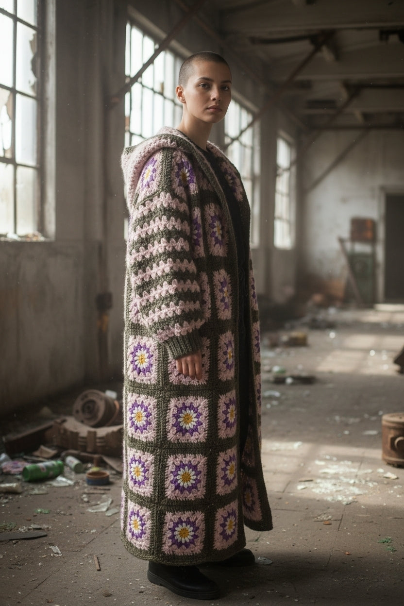 Χειροποίητο πλεκτό μάξι παλτό γιαγιά με κουκούλα | Μάλλινο | Ειδικά χρώματα | S–5XL