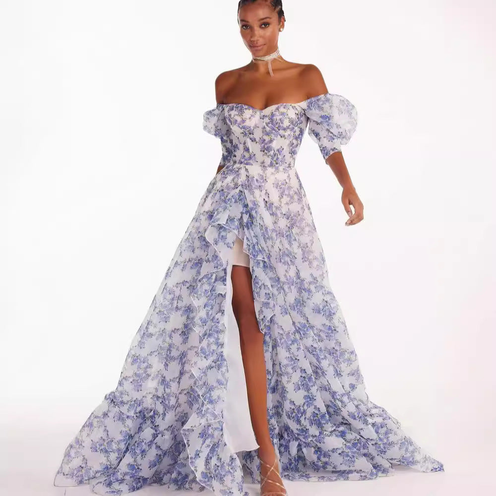 Γυναικείο κομψό, σέξι φόρεμα με στάμπα και λουλούδια για βραδινό πάρτι, χωρίς μανίκια, με στράπλες 