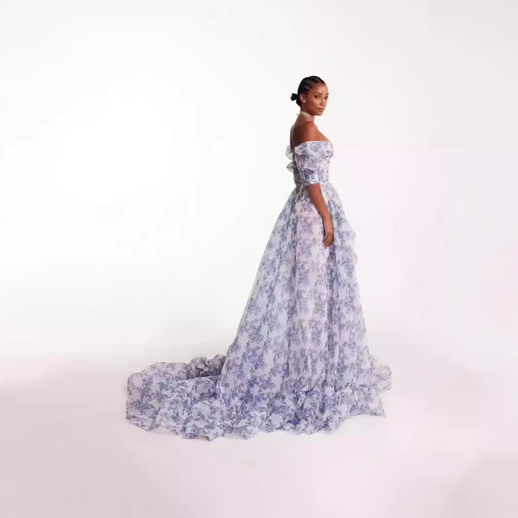 Γυναικείο κομψό, σέξι φόρεμα με στάμπα και λουλούδια για βραδινό πάρτι, χωρίς μανίκια, με στράπλες 