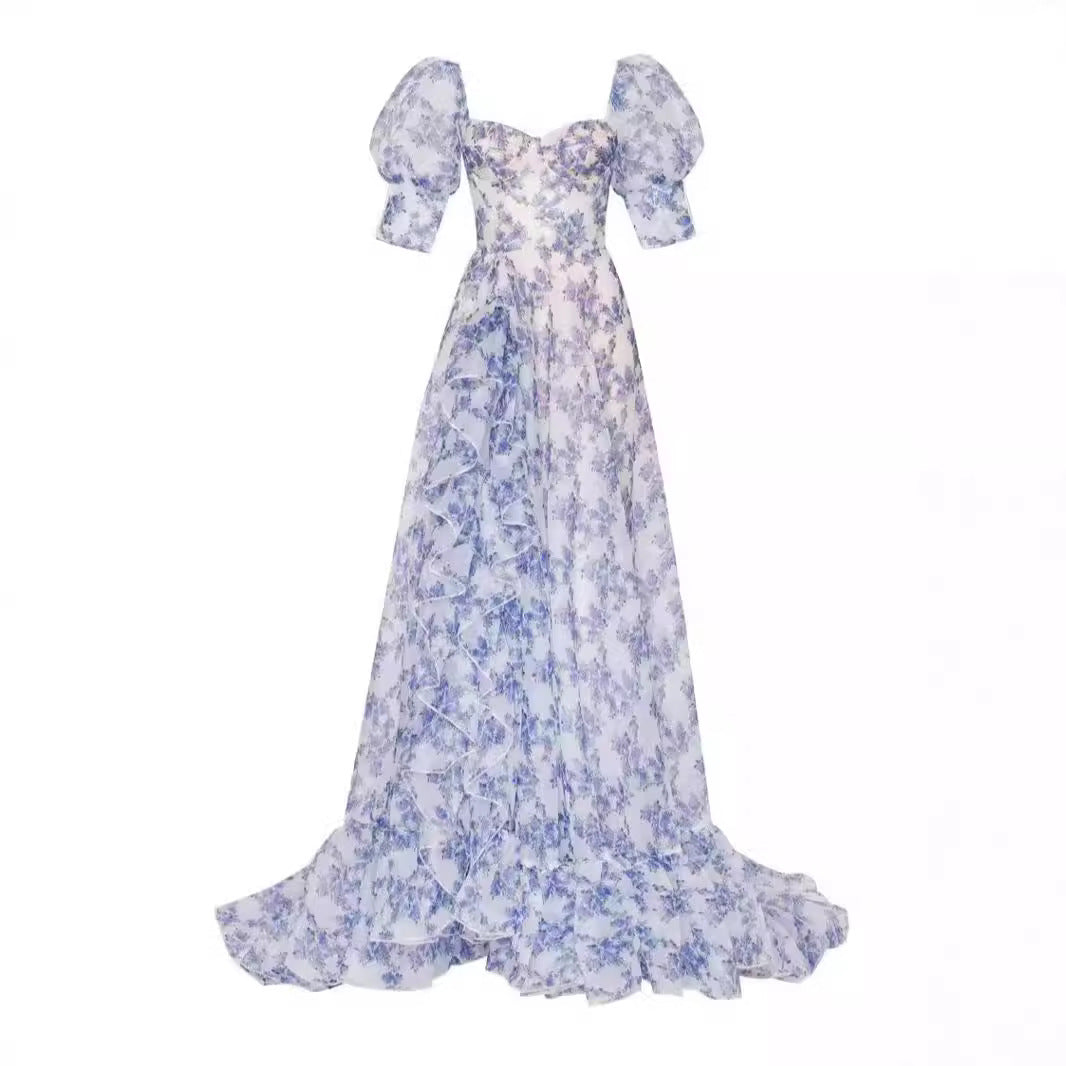 Γυναικείο κομψό, σέξι φόρεμα με στάμπα και λουλούδια για βραδινό πάρτι, χωρίς μανίκια, με στράπλες 