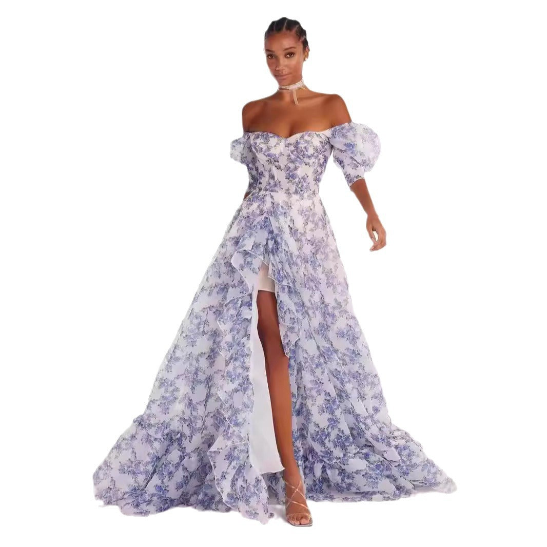 Γυναικείο κομψό, σέξι φόρεμα με στάμπα και λουλούδια για βραδινό πάρτι, χωρίς μανίκια, με στράπλες 