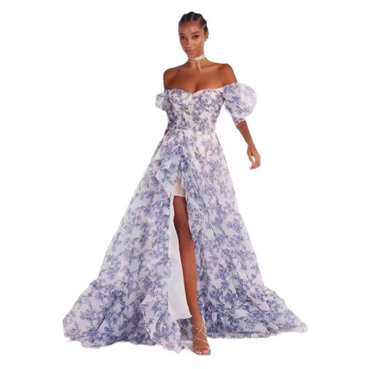 Γυναικείο κομψό, σέξι φόρεμα με στάμπα και λουλούδια για βραδινό πάρτι, χωρίς μανίκια, με στράπλες 