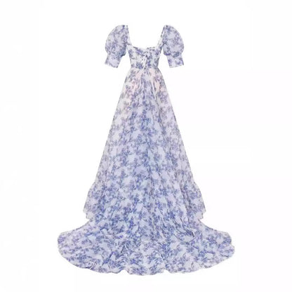 Γυναικείο κομψό, σέξι φόρεμα με στάμπα και λουλούδια για βραδινό πάρτι, χωρίς μανίκια, με στράπλες 