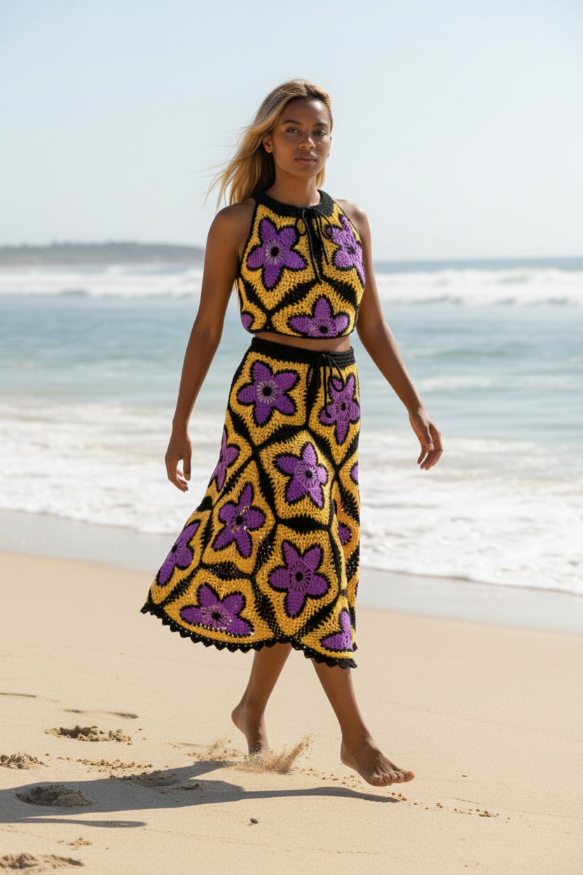 Solar Bloom' Crochet Set - 2 Piece Granny Square Halter Crop Top & Skirt | Festival Beach Co-ord
