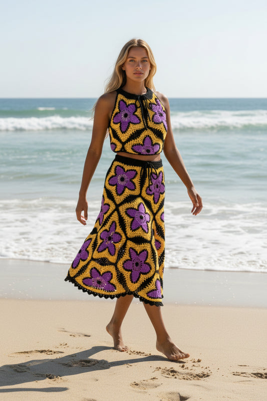 Solar Bloom' Crochet Set - 2 Piece Granny Square Halter Crop Top & Skirt | Festival Beach Co-ord