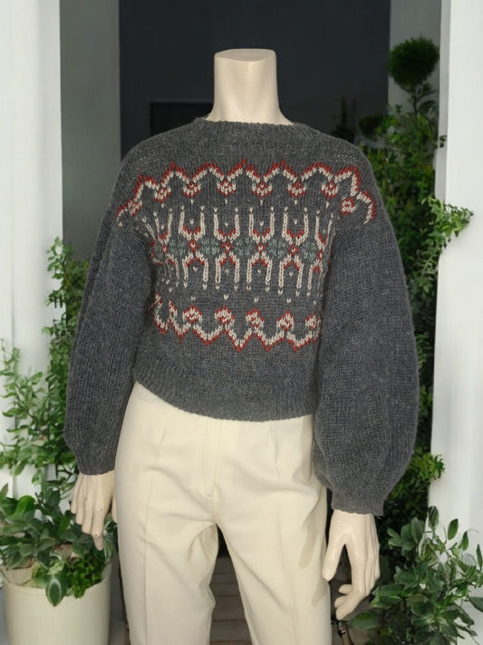Cropped Mohair Sweater: Balloon Sleeves, Retro Jacquard Knit
