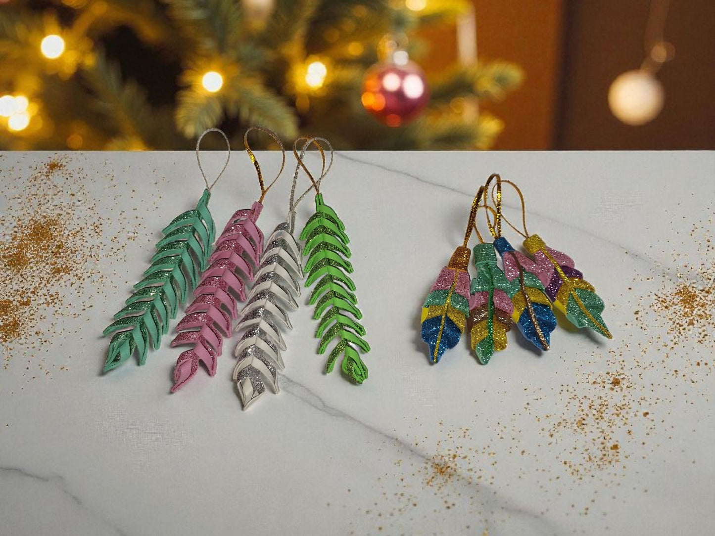 Handmade Glitter Leaf Christmas Ornaments - Set of Sparkling Holiday Decorations , gift ideas