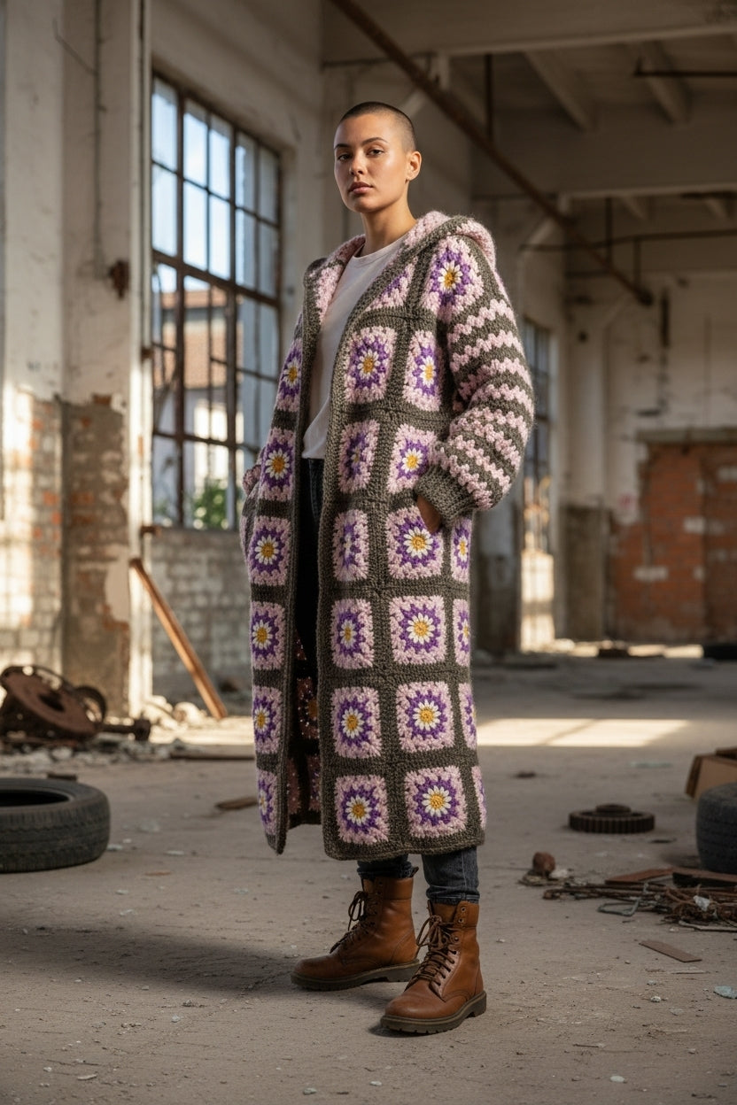 Χειροποίητο πλεκτό μάξι παλτό γιαγιά με κουκούλα | Μάλλινο | Ειδικά χρώματα | S–5XL