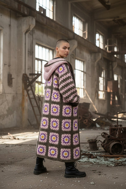 Χειροποίητο πλεκτό μάξι παλτό γιαγιά με κουκούλα | Μάλλινο | Ειδικά χρώματα | S–5XL