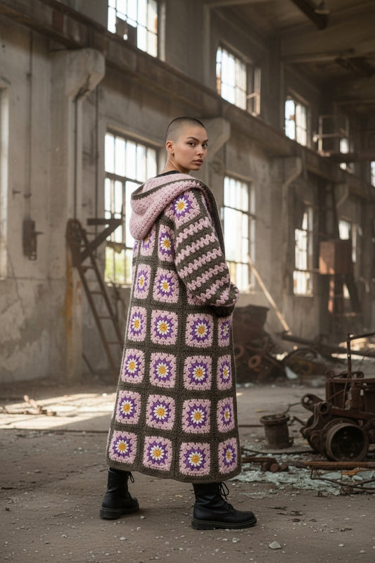 Handmade Crochet Granny Square Maxi Coat with Hood | Wool | Custom Colors | S–5XL