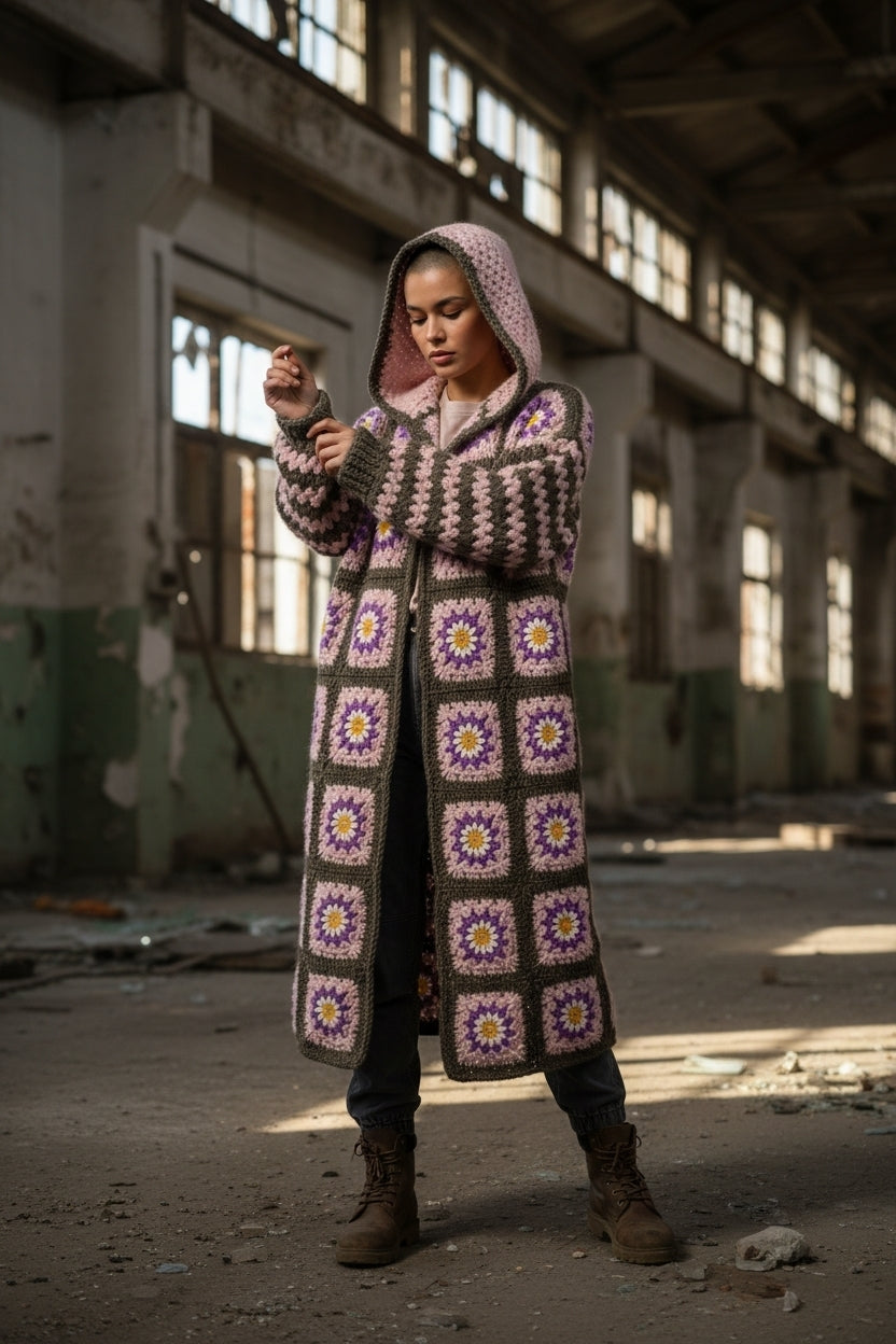 Χειροποίητο πλεκτό μάξι παλτό γιαγιά με κουκούλα | Μάλλινο | Ειδικά χρώματα | S–5XL