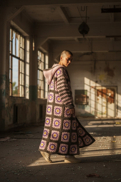 Χειροποίητο πλεκτό μάξι παλτό γιαγιά με κουκούλα | Μάλλινο | Ειδικά χρώματα | S–5XL