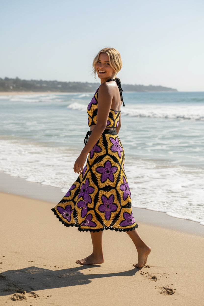 Solar Bloom' Crochet Set - 2 Piece Granny Square Halter Crop Top & Skirt | Festival Beach Co-ord