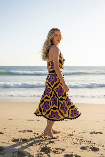 Solar Bloom' Crochet Set - 2 Piece Granny Square Halter Crop Top & Skirt | Festival Beach Co-ord