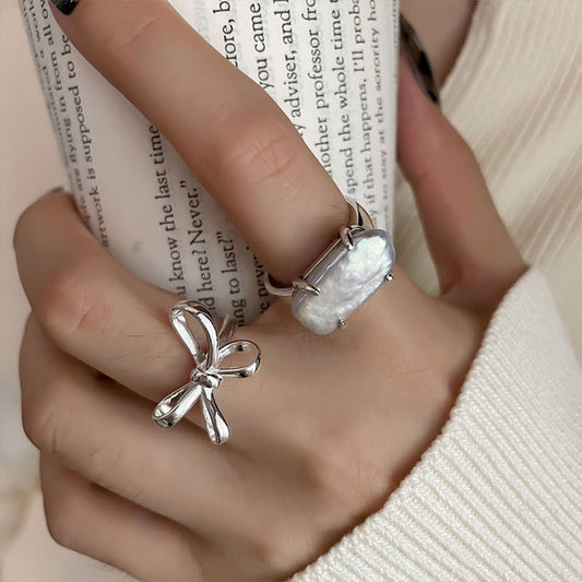 S925 Silver Simple Lines Bow Ring Women