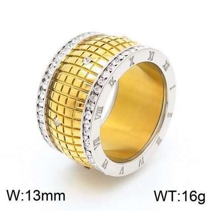 Plaid Rhinestone Neutral Roman Letter Titanium Steel Ring