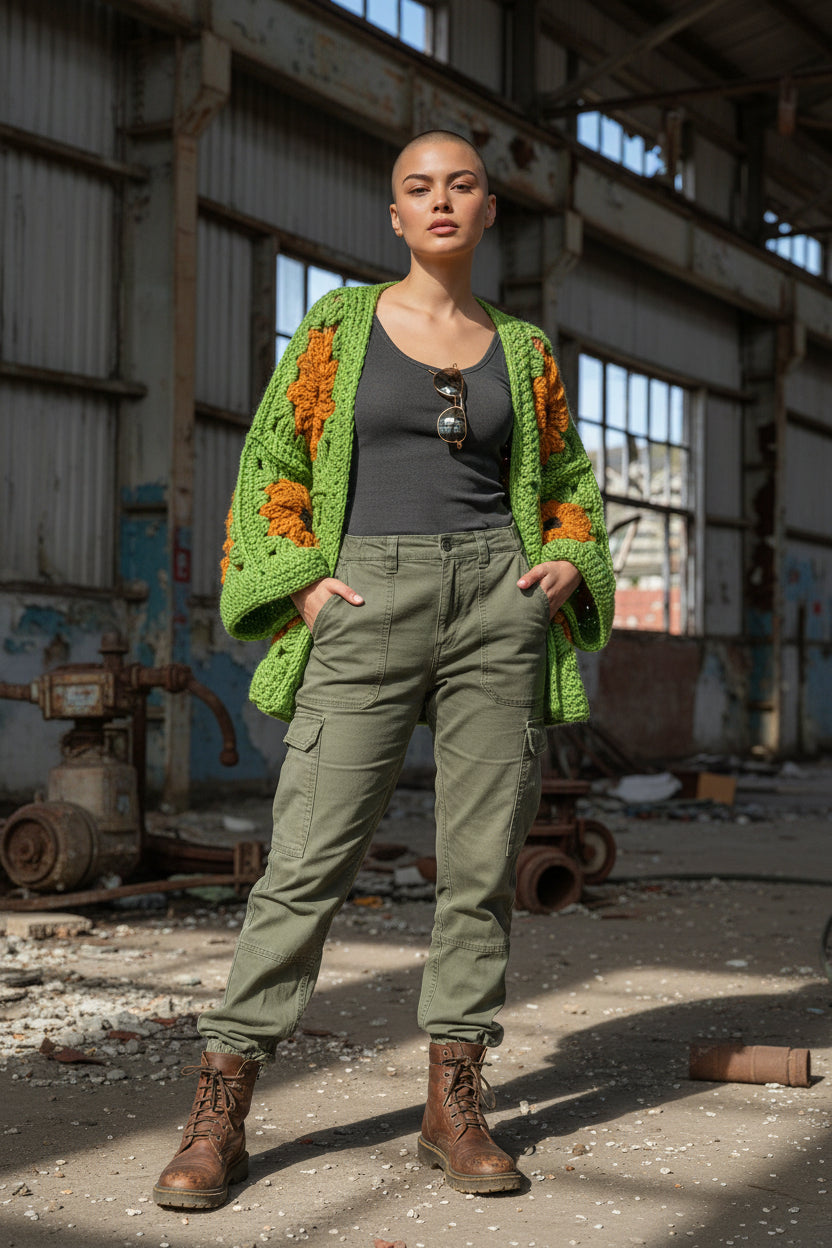 Χοντρό πλεκτό ζακετάκι με μαργαρίτες — Χειροποίητο τετράγωνο μπουφάν γιαγιά | Μέγεθος S–5XL