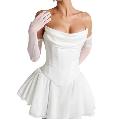 Französisches, einfarbiges Tube-Top-Kleid mit Ärmeln