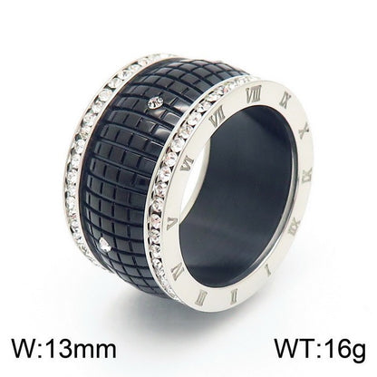 Plaid Rhinestone Neutral Roman Letter Titanium Steel Ring