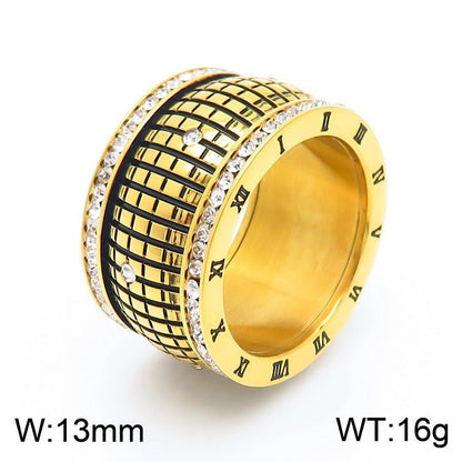 Plaid Rhinestone Neutral Roman Letter Titanium Steel Ring