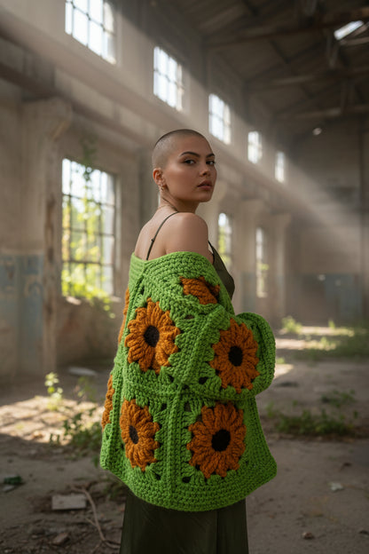 Χοντρό πλεκτό ζακετάκι με μαργαρίτες — Χειροποίητο τετράγωνο μπουφάν γιαγιά | Μέγεθος S–5XL