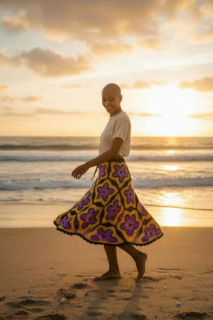Solar Bloom Granny Square Häkelrock – Handgestrickter Maxirock in leuchtendem Lila und Gold | Boho-Festival-Kleidung