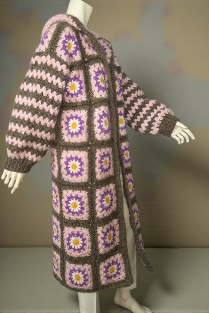 Χειροποίητο πλεκτό μάξι παλτό γιαγιά με κουκούλα | Μάλλινο | Ειδικά χρώματα | S–5XL