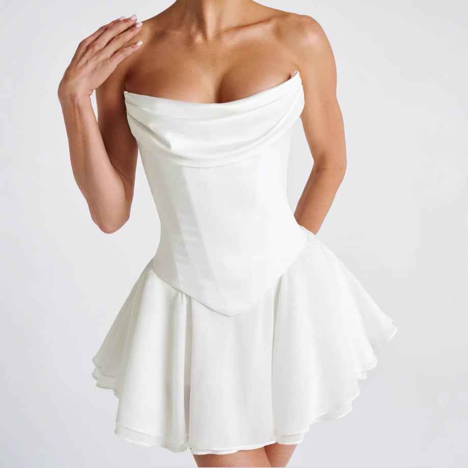 Französisches, einfarbiges Tube-Top-Kleid mit Ärmeln