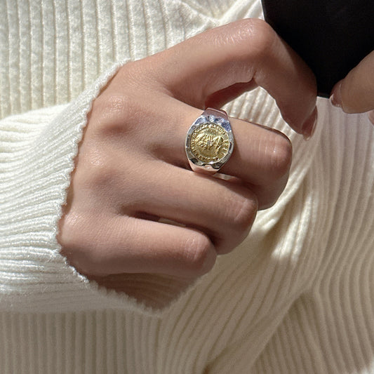 Sterling Silver Fashionable Coin Gold And Silver Contrast Fashionable Retro Blogger Ring