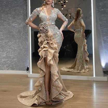 Νέο σέξι φόρεμα με χρυσές ρίγες και στάμπα για πάρτι για γυναίκες