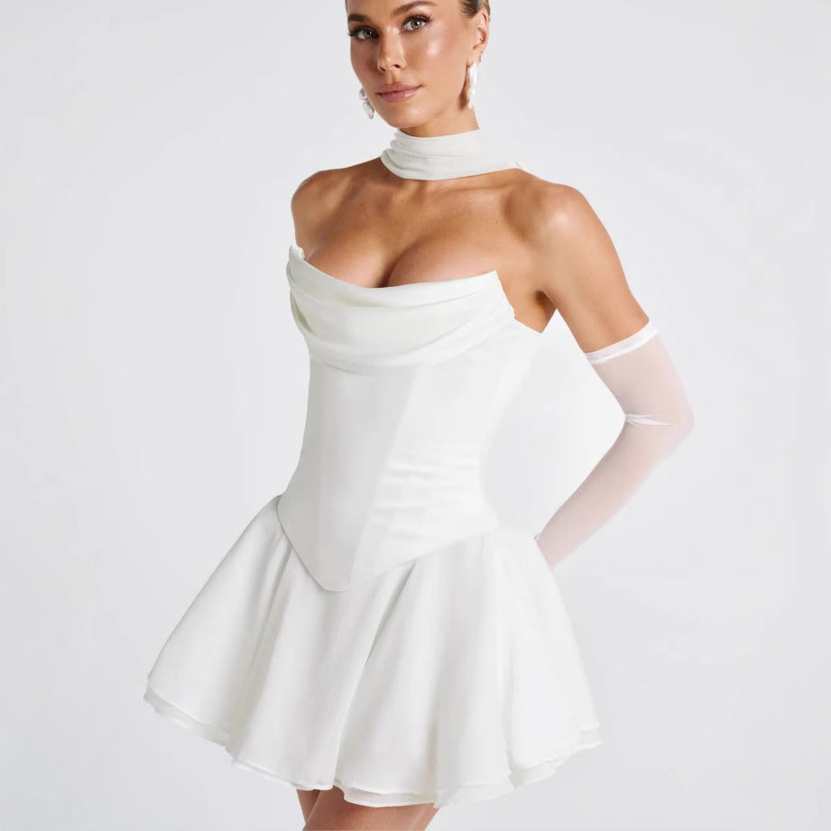 Französisches, einfarbiges Tube-Top-Kleid mit Ärmeln