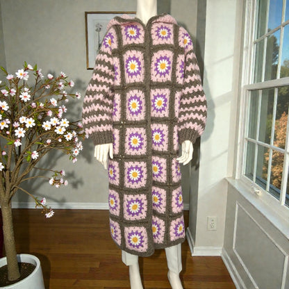 Χειροποίητο πλεκτό μάξι παλτό γιαγιά με κουκούλα | Μάλλινο | Ειδικά χρώματα | S–5XL