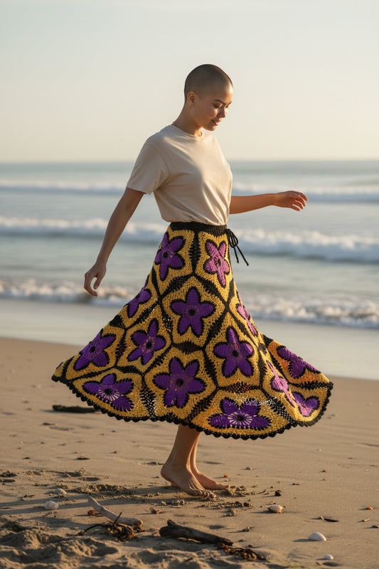 Solar Bloom' Granny Square Crochet Skirt - Hand-Knitted Maxi in Vibrant Purple & Gold | Boho Festival Wear