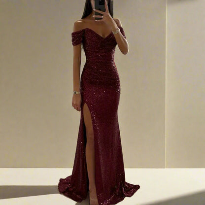 Klassischer Stil, Pailletten, Schlitz, Reißverschluss, einfarbig, Bankettparty, V-Ausschnitt, ärmellos, Partykleid 