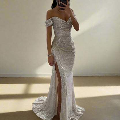 Klassischer Stil, Pailletten, Schlitz, Reißverschluss, einfarbig, Bankettparty, V-Ausschnitt, ärmellos, Partykleid 