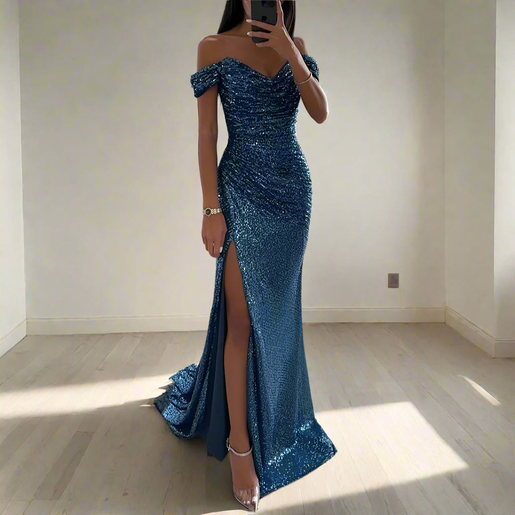 Klassischer Stil, Pailletten, Schlitz, Reißverschluss, einfarbig, Bankettparty, V-Ausschnitt, ärmellos, Partykleid 
