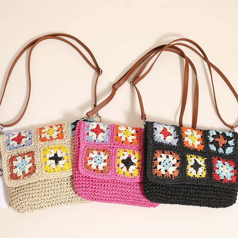 Mittlere Stroh-Farbblock-Vintage-Stil Klassischer Stil Quadratische Strohtasche mit Magnetschnalle 