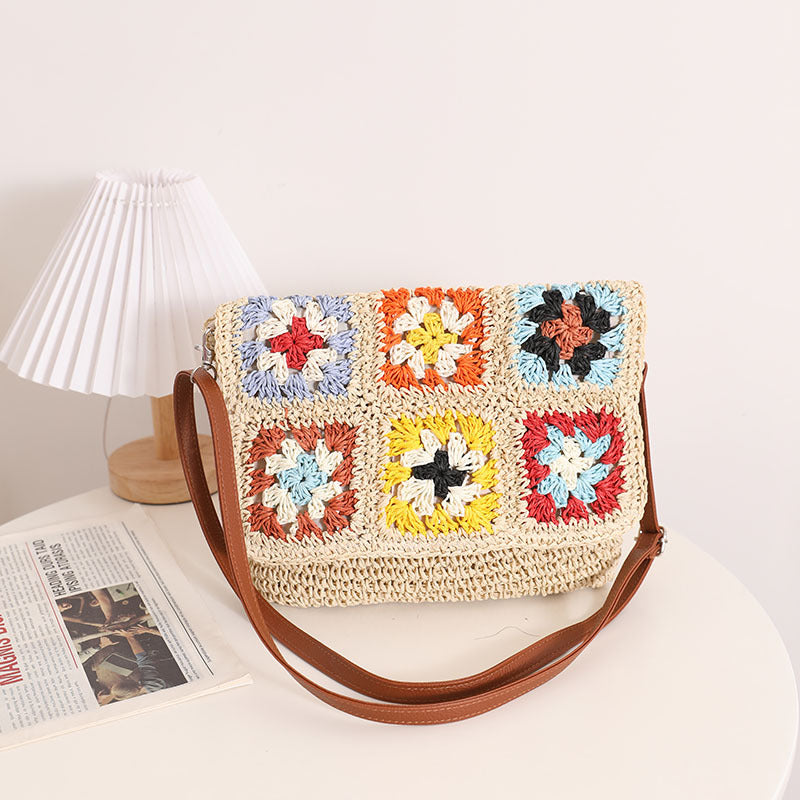 Mittlere Stroh-Farbblock-Vintage-Stil Klassischer Stil Quadratische Strohtasche mit Magnetschnalle 