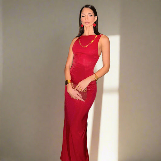 Elegant Backless Solid Color Cocktail Party Boat Neck Sleeveless Strap Dress