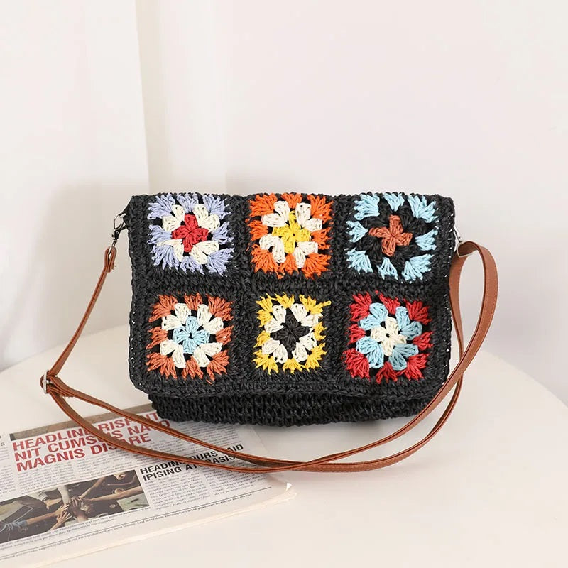 Mittlere Stroh-Farbblock-Vintage-Stil Klassischer Stil Quadratische Strohtasche mit Magnetschnalle 