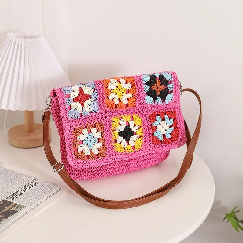 Mittlere Stroh-Farbblock-Vintage-Stil Klassischer Stil Quadratische Strohtasche mit Magnetschnalle 