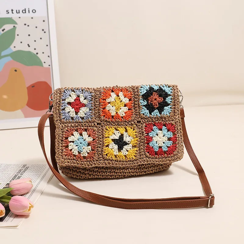 Mittlere Stroh-Farbblock-Vintage-Stil Klassischer Stil Quadratische Strohtasche mit Magnetschnalle 