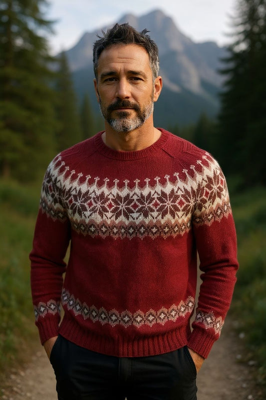 Handmade Nordic Fair Isle Sweater | Burgundy Red Wool | Unisex S-5XL