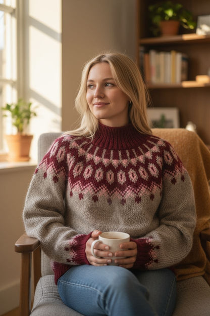 Handmade Icelandic Lopi Sweater | Burgundy Fair Isle | Unisex Wool S-5XL