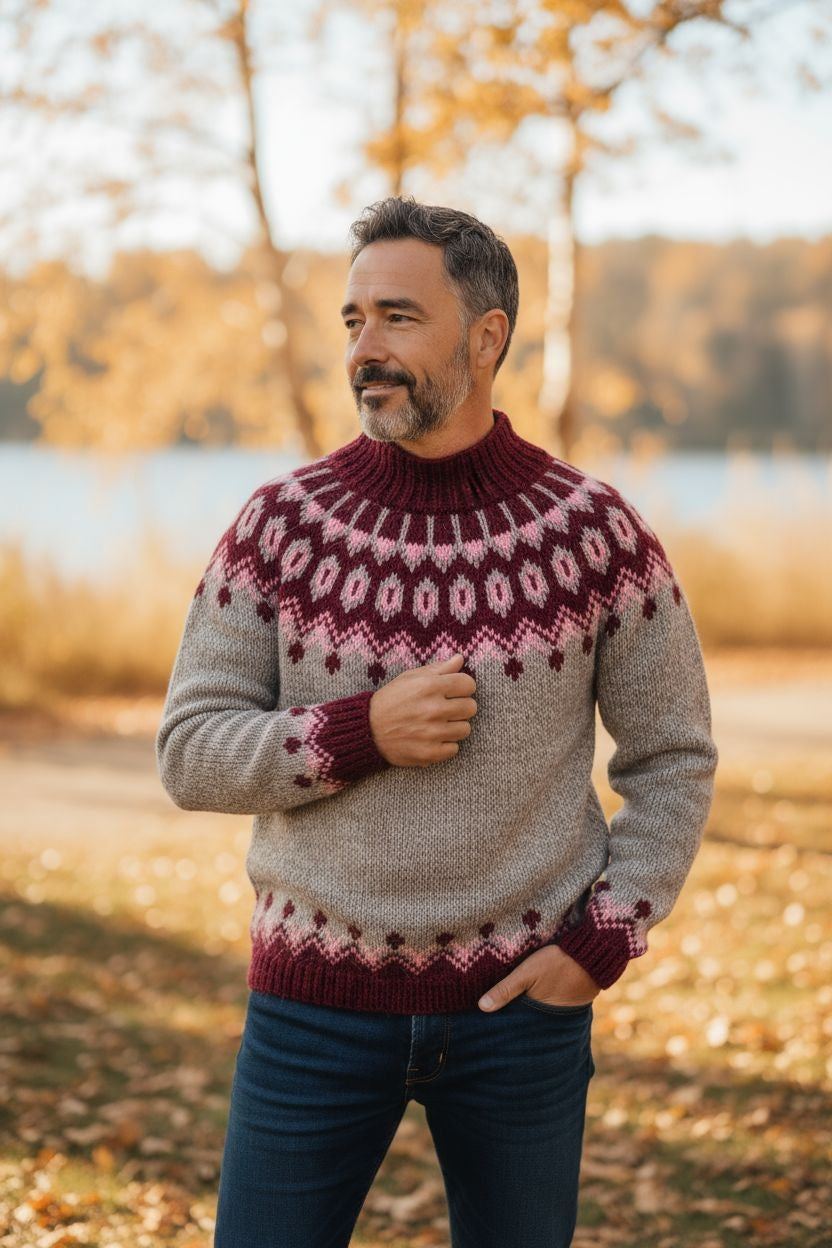 Handmade Icelandic Lopi Sweater | Burgundy Fair Isle | Unisex Wool S-5XL
