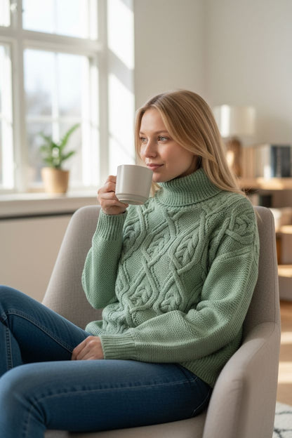 Handmade Irish Aran Cable Knit Sweater | Sage Green | Unisex Turtleneck S-5XL